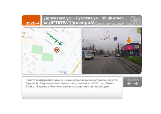 Фото рекламной плоскости по адресу Деревянко ул. - Сумская ул., 85  (Фитнес клуб "ТЕТРА")  (в центр)  (А)