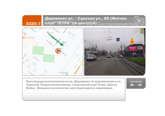 Фото рекламной плоскости по адресу Деревянко ул. - Сумская ул., 85  (Фитнес клуб "ТЕТРА")  (в центр)  (А)