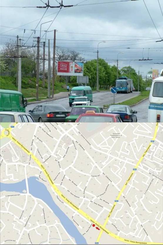 Фото рекламной плоскости по адресу Пер. Князя Володимира та вул. Павлюченко (Ст. А- плоскість, Ст. Б-призматрон), в центр