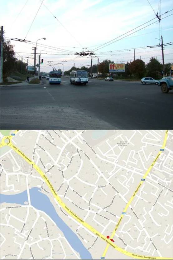 Фото рекламной плоскости по адресу Пер. Князя Володимира та вул. Павлюченко(з боку пров. Франка) призматрон, в центр