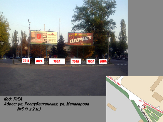 Фото рекламної площини за адресою ул. Республиканская, ул. Манагарова №5 (1 х 2 м.)