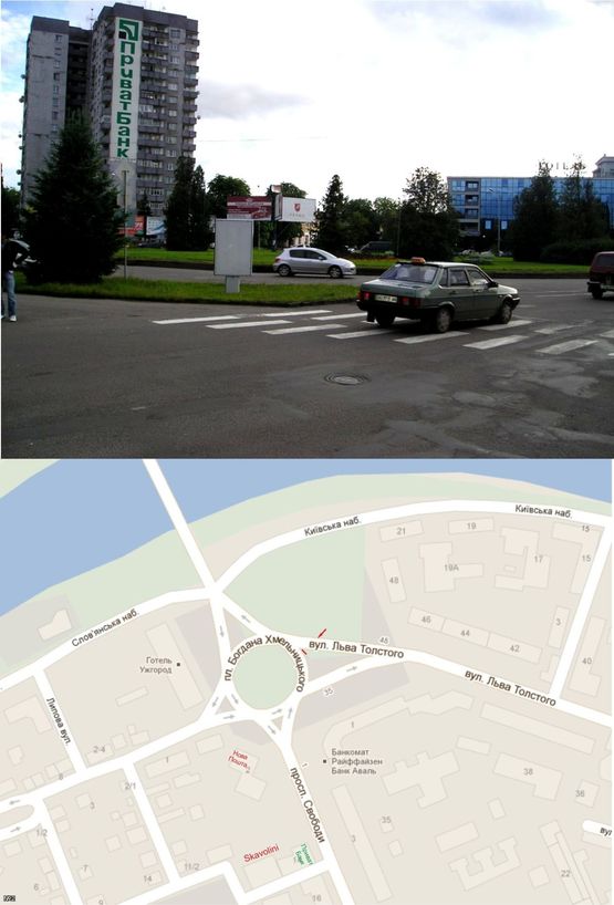 Фото рекламной плоскости по адресу пл. Б. Хмельницького (Напрямок Центр, готель "Ужгород", пішох. перехід, напроти кола, інтенсивний рух,)