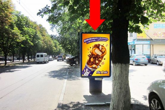 Фото рекламной плоскости по адресу Шевченко бул., 270, напротив Приватбанка, лаборатории "Синево", из центра