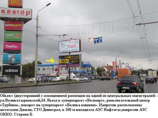 Фото рекламной плоскости по адресу г.Полтава,ул.Великотырновская 24, вьезд в супермаркет Велика кишеня,призматрон,