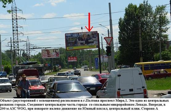 Фото рекламной плоскости по адресу г.Полтава.прсп.Мира1 .Конструкция флажок Проезд ЖД вокзалу .Выезд на Сумскую трассу через микрорайон Левада