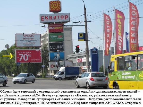 Фото рекламной плоскости по адресу г.Полтава,ул.Великотырновская 24, вьезд в супермаркет Велика кишеня,призматрон,