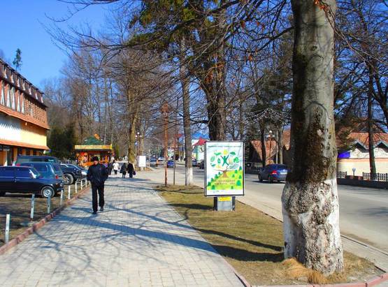 Фото рекламной плоскости по адресу Траса Н-09 Мукачево-Львів, Свободи, ТК Яремче, банк Хрещатик, маг. Росана, напрямок руху на Івано-Франківськ