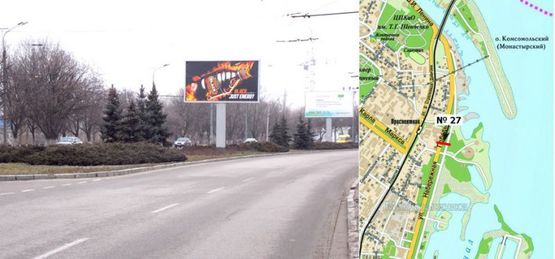 Фото рекламной плоскости по адресу Наб.Победы - ул.Овражная  (разделитель)  \ из центра    формат  4*8