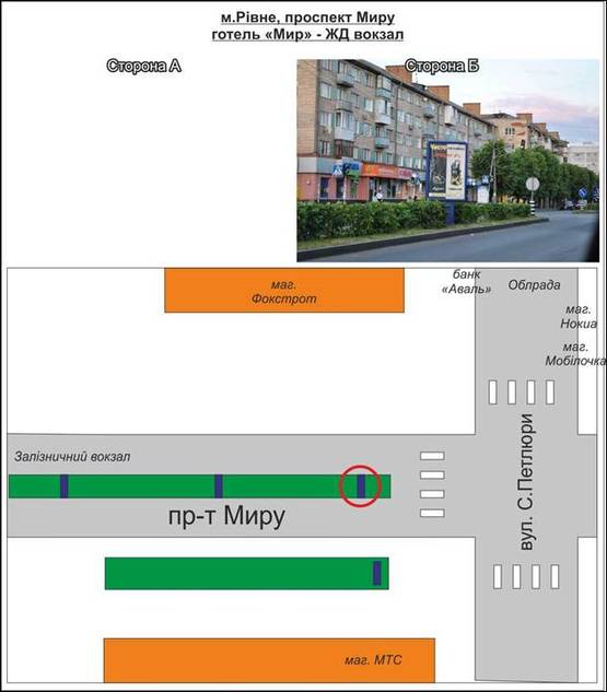 Фото рекламной плоскости по адресу вул, пр-т Миру, вул. С. Петлюри (розподільча смуга) маг. "Фокстрот"