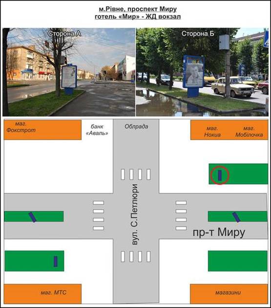 Фото рекламной плоскости по адресу перехрестя вул, пр-т Миру, вул. С. Петлюри біля світлофора