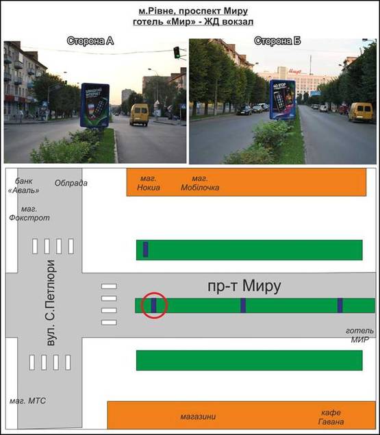 Фото рекламної площини за адресою вул, пр-т Миру, вул. С. Петлюри (розподільча смуга) салон МТС