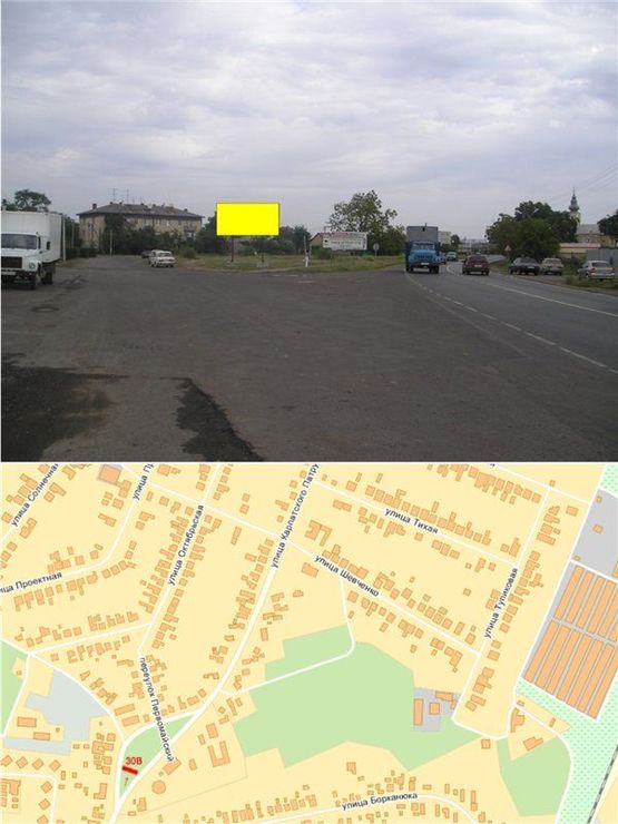 Фото рекламной плоскости по адресу вул. Патруса Карпатського (Ресторан "Тиса", м-н "Минай", Автосалон"CITROEN", інтенсивнний рух,перехрестя, автобусні зупинки, пішохідні переходи,)