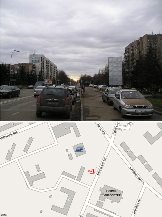 Фото рекламной плоскости по адресу вул. Минайська (4 полоси руху, ТЦ"Україна", "Укртелеком", Готель " Закарпаття",Київстар, Вокзали,"Сільпо") вертивальний 6х3м.