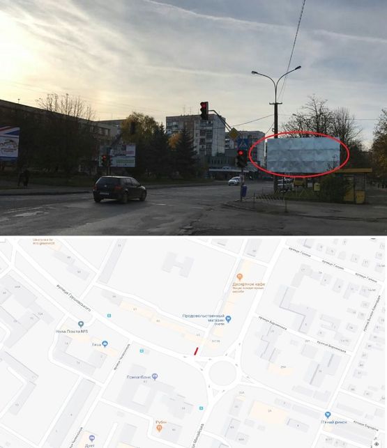 Фото рекламной плоскости по адресу вул. Грушевського вул.Минайська-Грушевського ( коло, Ринок, "Сільпо",ТЦ"Осетія", кінотеатр"Доміон",Ресторани,магазини, виїзд на вул. Минайська,)