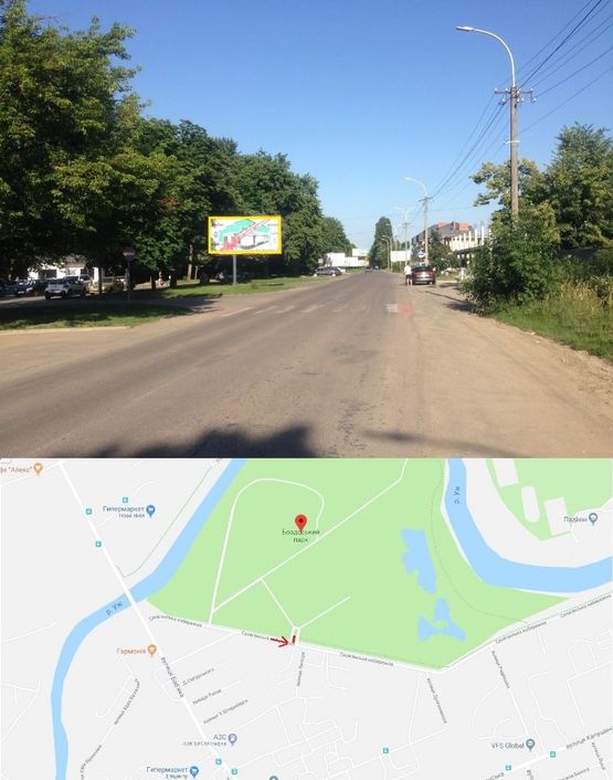 Фото рекламной плоскости по адресу Словянська Набережна (Центральний Вїзд/Вхід в Парк розваг,  "Епіцентр","Нова Лінія", Велмарт, АЗС "ОККО", "WOG","Бром" ,готель"Ужгород", інтенсивний рух)