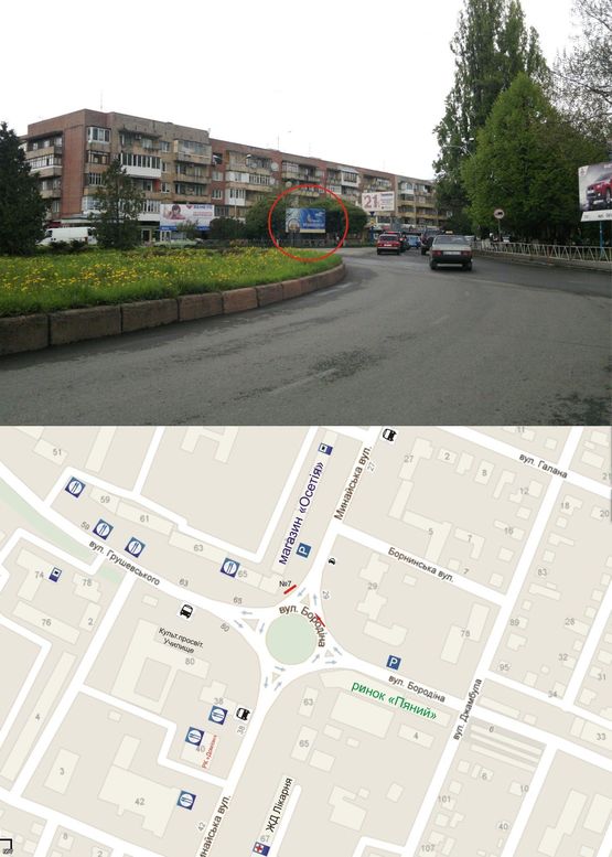 Фото рекламной плоскости по адресу вул.Минайська-Грушевського ( коло, Ринок, "Сільпо",ТЦ"Осетія", кінотеатр"Доміон",Ресторани,магазини, виїзд на вул. Минайська,)