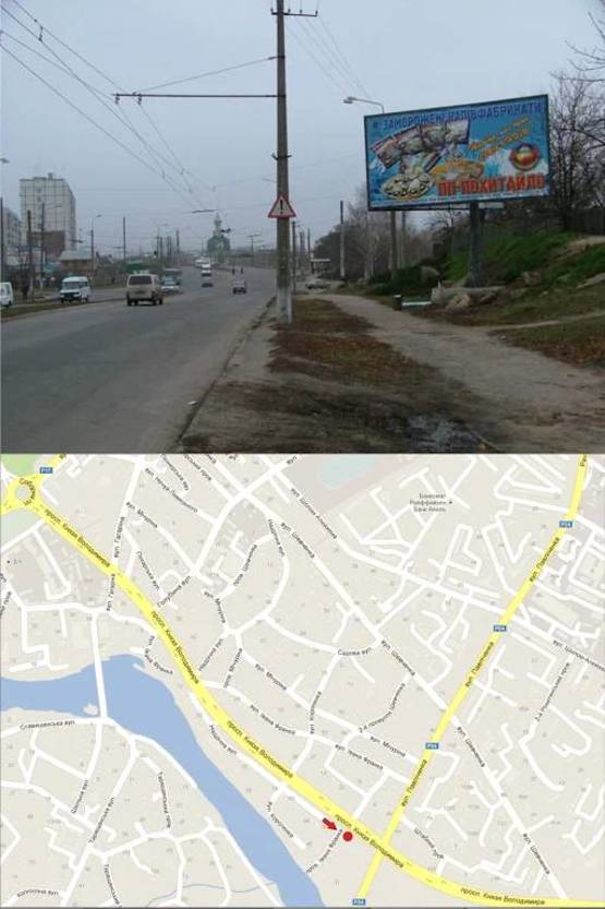 Фото рекламної площини за адресою Пер. Князя Володимира та вул. Павлюченко (Ст. А- плоскість, Ст. Б-призматрон). від центра