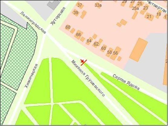 Схема рекламной плоскости по адресу Грушевского ул. / Химическая ул. / Ядовая ул., в центр