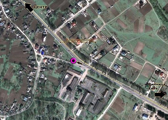 Схема рекламної площини за адресою Т-подібне перехрестя Вінницьке шосе - вул.Профспілкова. неподалік: оптові бази буд матеріалів, побутової хімії, садівництва (в'їзд в місто, в центр) [ліве вухо]