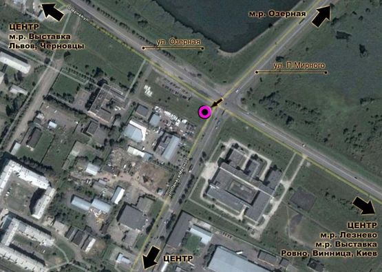 Схема рекламной плоскости по адресу перехрестя вул.П.Мирного - вул.Озерна. неподалік: автосалон "АІС", склади будматеріалів (в центр) [праве вухо]