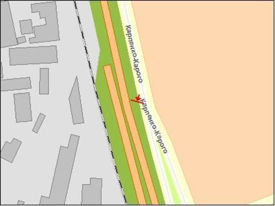 Схема рекламной плоскости по адресу Карпенка-Карого ул. / Сухомлинская ул., СТО Пежо, из центра