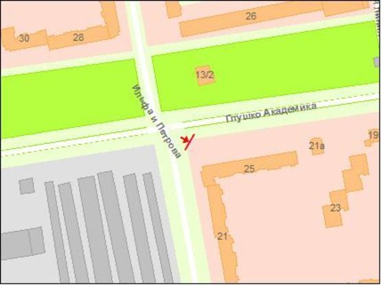 Схема рекламной плоскости по адресу Глушко ул / Ильфа и Петрова ул из центра