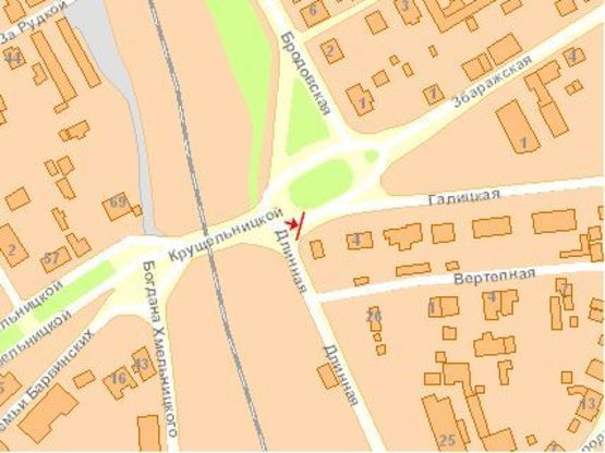 Схема рекламной плоскости по адресу Галицкая ул / Крушельницкой ул / Збаражская ул, из центра