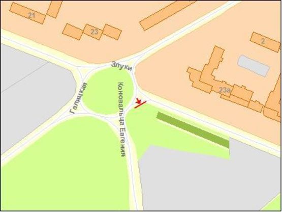 Схема рекламной плоскости по адресу Коновальца ул/Злуки ул, левый, из центра !!! Увага, розмір 2900х5900 !!!