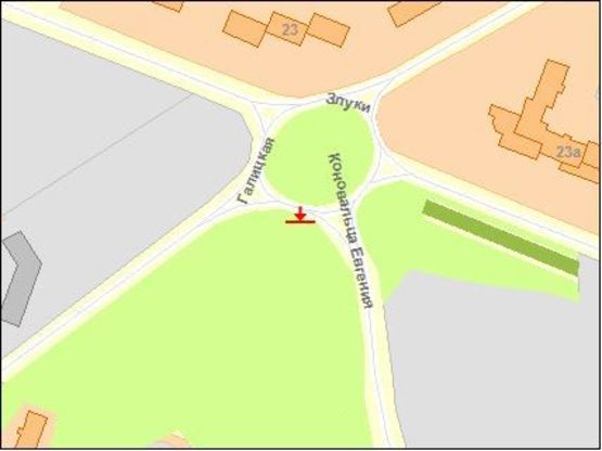 Схема рекламной плоскости по адресу Коновальца ул / Злуки ул, правый, из центра