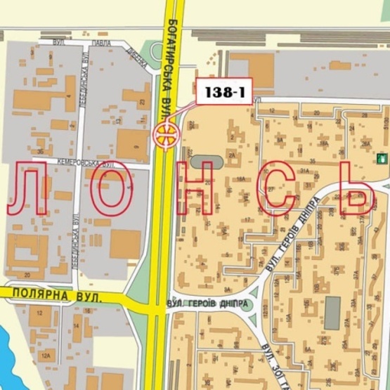 Схема рекламної площини за адресою Богатырская ул., на разделителе, въезд с Вышгорода (завод "Оболонь")