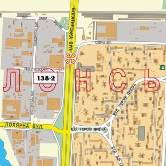 Схема рекламной плоскости по адресу Богатырская ул., на разделителе, выезд из города (завод "Оболонь")