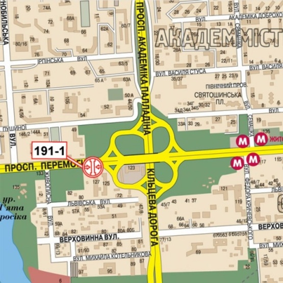 Схема рекламної площини за адресою Победы просп./ съезд на Кольцевую дорогу (Киевский международный Ин-т,в сторону центра города)