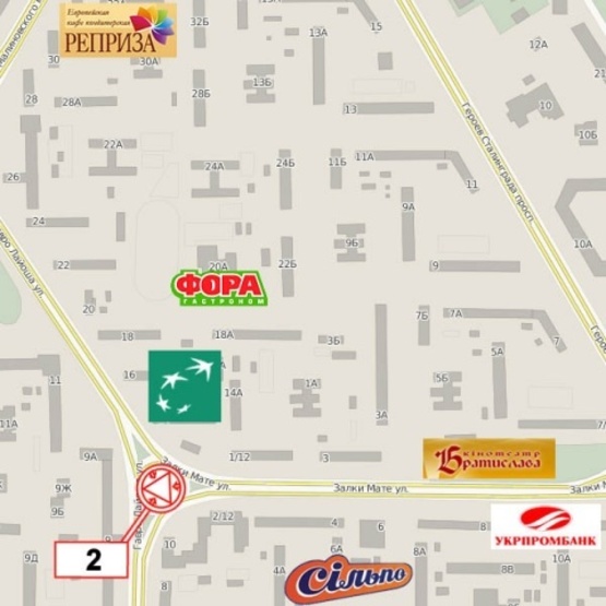 Схема рекламной плоскости по адресу Лайоша Гавро ул., 11а/ ул. Мате Залки, банк Аваль, м-н "Обрий"