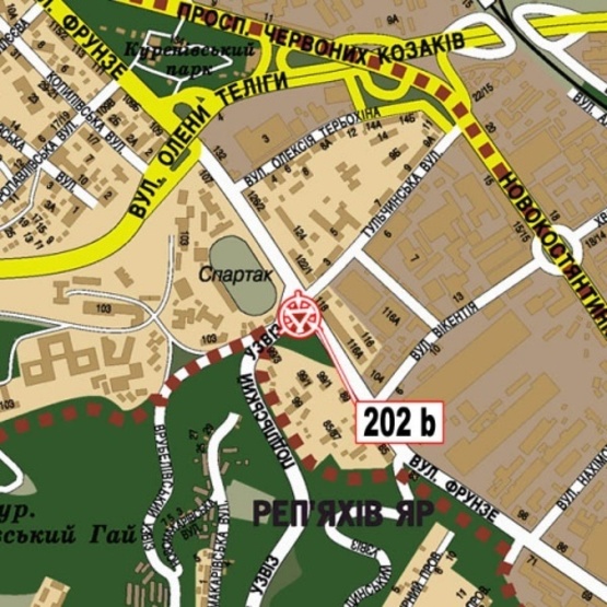 Схема рекламної площини за адресою Фрунзе ул., 118 (стадион "Спартак", Библиотека им. О.Копиленка, Дельфинарий Кобзов, в направлении ул. О.Телиги)