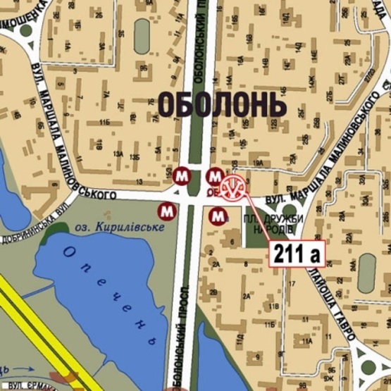 Схема рекламной плоскости по адресу Малиновского ул. - Оболонский просп. (ст. м.  Оболонь, супер-маркет "Велика кишеня", семейный центр "Дивосвіт")