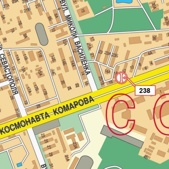 Схема рекламної площини за адресою Комарова просп.,14-16 (в направлении Борщаговки, Авиационный университет, по маршруту скоростного трамвая)