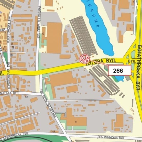 Схема рекламної площини за адресою Луговая ул., 13 (напротив ТЦ "Караван", АЗС "Золотой гепард", АЗС "Socar", по направлению Куреневки