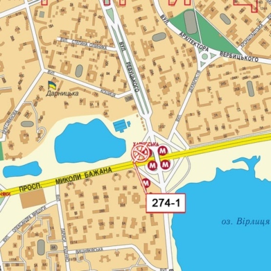 Схема рекламной плоскости по адресу Бажана Н. просп. - Ревуцкого ул. (на разделителе) ст. м.  Харьковская, McDonald's, рынок "Харьковский"