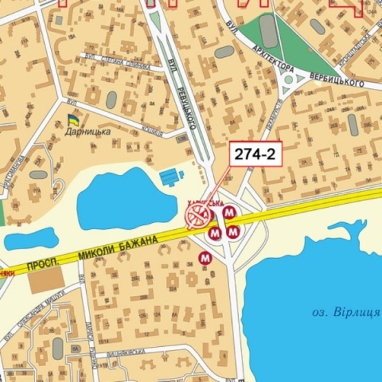 Схема рекламной плоскости по адресу Ревуцкого ул. съезд на Бажана Н. просп. (на разделителе) ст. м.  Харьковская,McDonald's, рынок "Харьковский", направ. в центр к Южному мосту