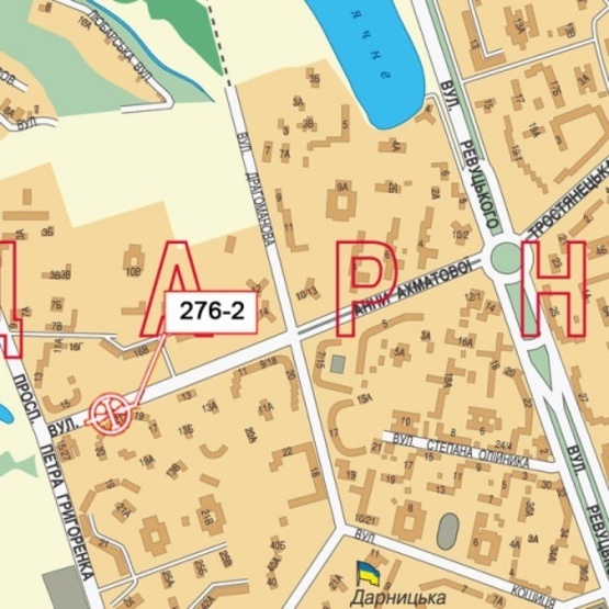 Схема рекламної площини за адресою Ахматовой ул., 21 (караоке "Spivakoff",  Новая почта №22) направ. к прос. П.Григоренко