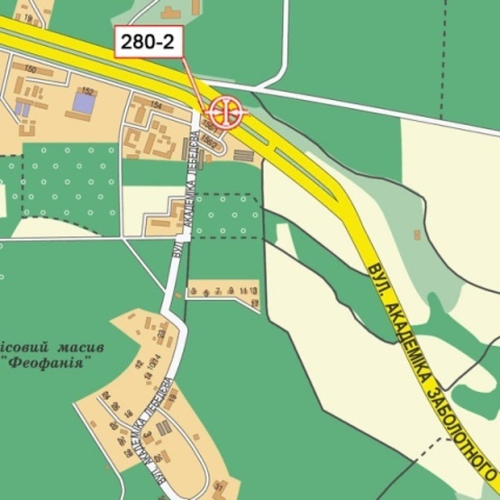 Схема рекламной плоскости по адресу Заболотного Ак. ул., 156 ("Миронівський хлібопродкут", навпроти поворота на Пирогово, АЗС "ОККО", направ. из центра к автобазару (на разделителе)