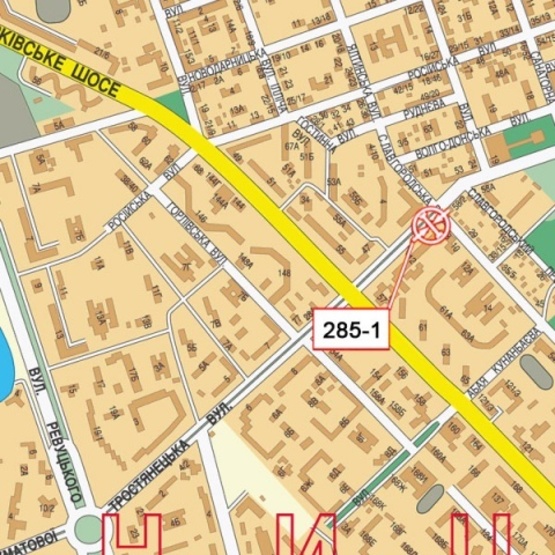 Схема рекламної площини за адресою Тростянецкая ул., 12 (ресторан "Кабачек на бочек"), сьезд с Тростянецкая ул. на ул. Славгородскую