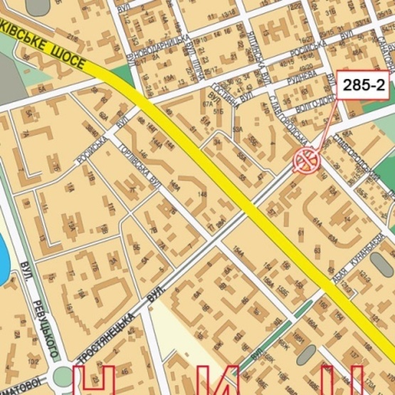 Схема рекламної площини за адресою Тростянецкая ул., 12 (ресторан "Кабачек на бочек"), сьезд с ул. Славгородской на ул. Тростянецкую