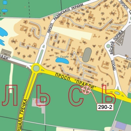 Схема рекламної площини за адресою Правды просп., 80 (напротив "Эко Маркет"), KIA motors ОщадБанк, УкрСибБанк, в направ. Прос. Г.Гонгадзе