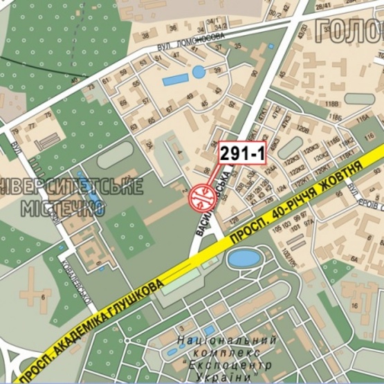 Схема рекламной плоскости по адресу Васильковская ул., напротив дома № 55 (ст. м.  "Васильковская"), "Институт биологии" КНУ, в направ. прос. Глушкова Ак.