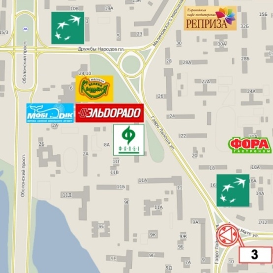 Схема рекламной плоскости по адресу Лайоша Гавро ул., 11а/ ул. Мате Залки, (Райффайзен банк Аваль, м-н "Обрий", маркет "Сильпо", "Фора", УкрСибБанк)