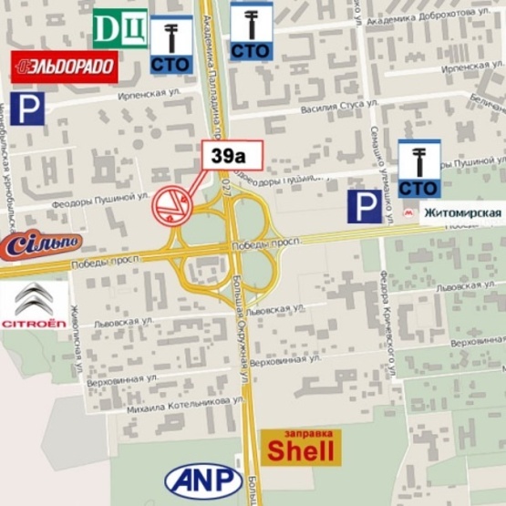 Схема рекламної площини за адресою Палладина просп. на развязке в направ.Победы просп. (эл.оп.27-29),500м. к ст. м.  Житомирская,Сквер им. Феодоры Пушиной, Автостанция, в направ. выезда из города