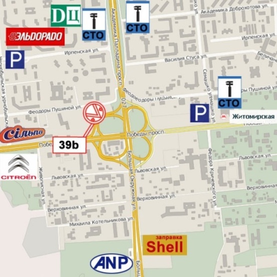 Схема рекламной плоскости по адресу Палладина просп. съезд на Окружную (эл.оп.27-29), 500м. к ст. м.  Житомирская, Сквер им. Феодоры Пушиной, магазин "Текстиль контакт", направ. Кольцевой дороги