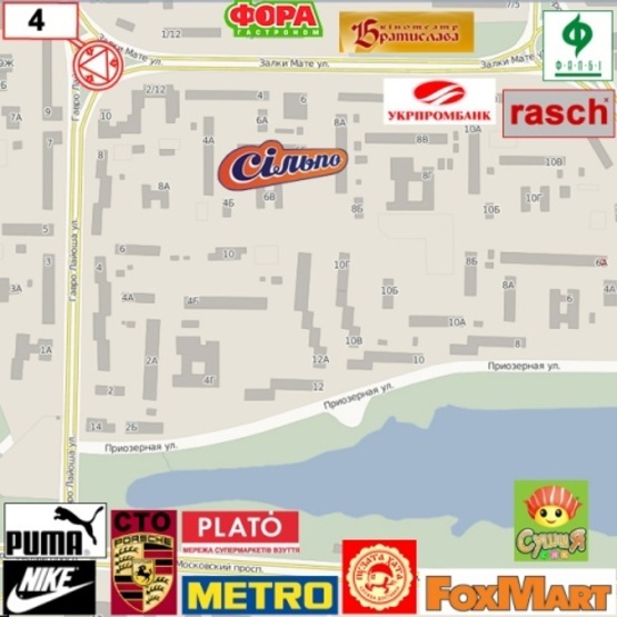 Схема рекламной плоскости по адресу Лайоша Гавро ул., 11а/ ул. Мате Залки, банк Аваль, м-н "Обрий",Райффайзен Банк Аваль, сервис центр "МТС", в направ. центра города