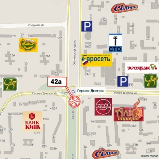 Схема рекламной плоскости по адресу Оболонский просп., 40 - ст. м.  Героев Днепра, (ПравексБанк, "Аптека низких цен", рынок Оболонский, "Нью-Вінд" Торговий Дім)